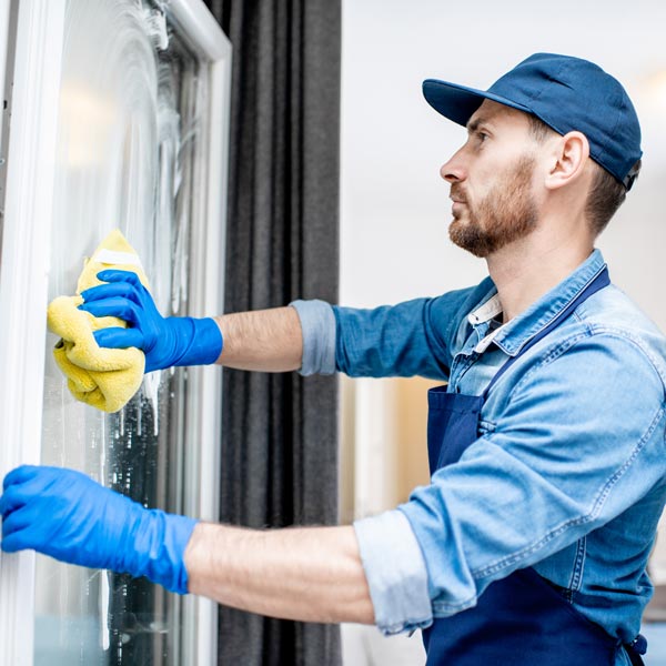 person cleaning window